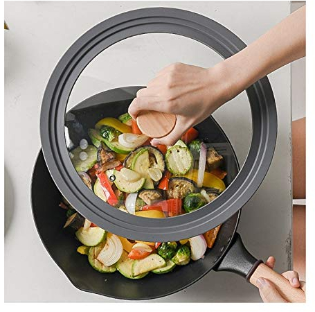Tapas para sartenes Templado tapa de vidrio con mango de madera y ventiladores de la casa cubierta transparente universal de silicona utensilios de cocina Ollas y sartenes Tapa Universal para Ollas
