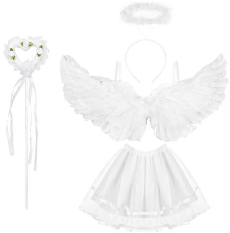 Bluelves Ailes d'ange Blanc, Ailes et Auréole d'ange, Déguisement Ange, Serre Tete Ange, Halloween Costume Enfant, Costume de Fête pour Halloween Carnaval Mascarade Cosplay