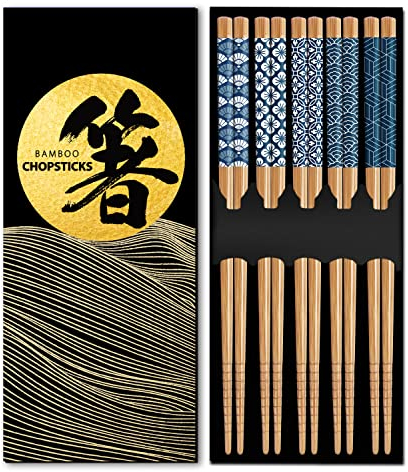 KYONANO Paquete de 5 palillos de bambú, estilo minimalista japonés, 8.85 pulgadas, reutilizables, aptos para lavavajillas, cubiertos ligeros antideslizantes para cocina asiática