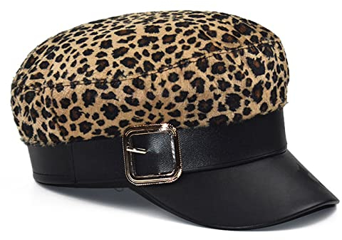 oonui Baskenmütze Damen Frauen Schwarze Militärhüte Herbst Winter Pu-Leder Patchwork Zeitungsjunge Mützen Mit Gürtel Weibliche Gorras Damen Baskenmütze Hüte,Leopard,Einheitsgröße