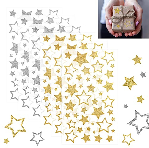 SNAGAROG 6 Blätter Weihnachts Sterne Sticker für Geschenke Silber und Gold Glitzer Stern Aufkleber Glitzernde Weihnachtssticker Selbstklebend Dekorative Aufkleber für Scrapbooking, Karten, Basteln