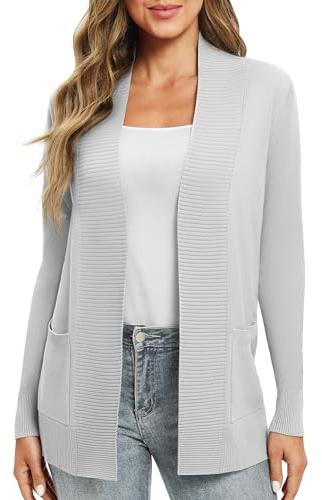 EXCHIC Donna Casuale Manica Lunga Lavorare a Maglia Cardigan Leggero Comodo Fronte Aperto Maglioni Lunghi con Tasche(XXL, Grigio Chiaro)