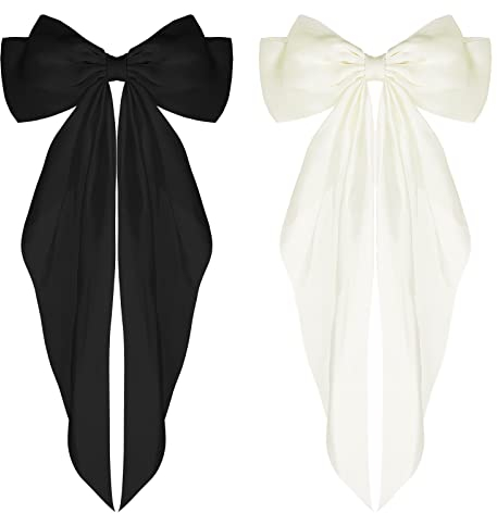 WLLHYF 2 Stück Haarspangen mit großer Schleife weicher seidiger Satin-Haarspange langer Schwanz französisches Band Haarnadeln 90er-Jahre Bowknot-Clips für Party Weihnachten Frauen (Schwarz+Beige)