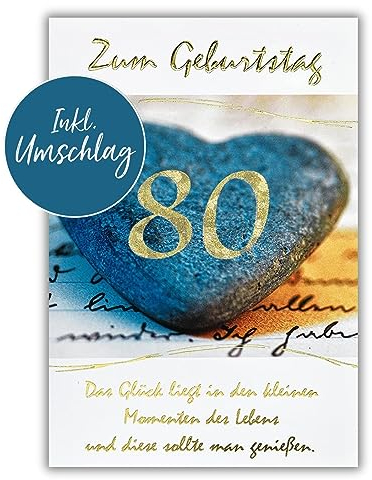 bsb 80. Geburtstagskarte Frau & Mann - Karte Geburtstag in 11,5 x 17,0 cm - Glückwunschkarte Geburtstag mit Steinherz-Motiv - 80. Geburtstag-Karte mit Umschlag - Geburtstagskarten