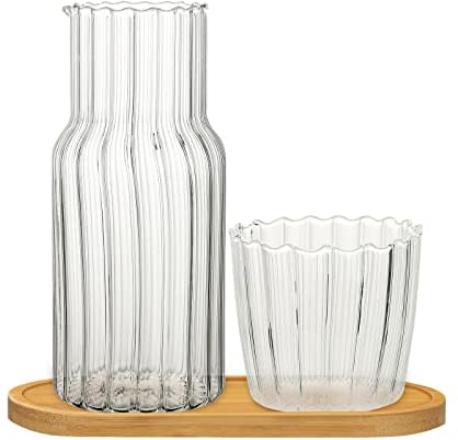 BFYDOAA Jarra de agua y taza de vidrio, jarra de noche de 20 onzas con vaso y paleta de madera para dormitorio de invitados, baño, sala de estar