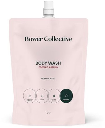 Bower Collective Coconut & Orchid Natural Body Wash Refill Pouch 1 Litre, Organic Moisturising Shower Gel with Essential Oils, Zero Plastic Waste