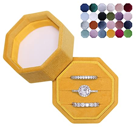 BLUTETE Schmuckkästchen aus Samt mit 3 Fächern, für Verlobungsringe, Hochzeit, Andenken, Brautfotoring, Dreifachschlitze, achteckig, Primrose Gelb