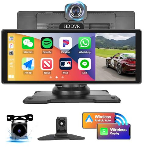 CAMECHO 10.26 Inch Wireless Portable Car Stereo with 4K Dash Cam,1080P Backup Camera,HD Touchscreen CarPlay Screen Wireless Android Auto, ADAS, GPS Track, Bluetooth Car Audio Receiver