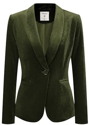 Allegra K Women's Velvet Blazer Plain Shawl Collar Button Velvet Office Coat, Olive Green, XL