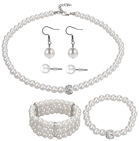 DIVINA VITAE 5 Stück Perlen Schmuckset Damen Kunstperlen Halsketten Set Künstliche Weiße Perlenkette Perlenarmband und Ohrring Set Hochzeit Geburtstag Party Geschenke Modeschmuck Set Brautschmuck