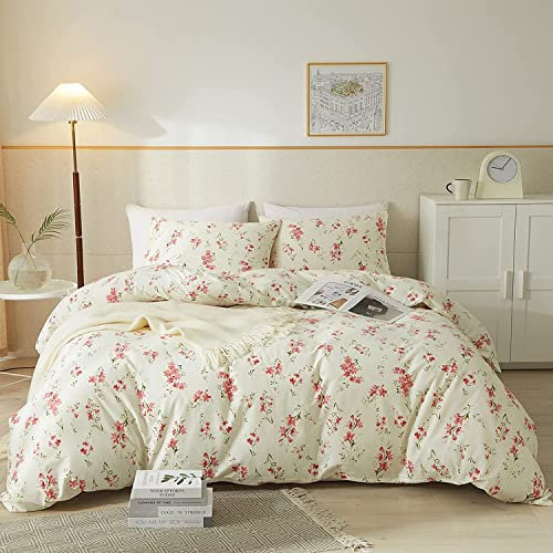 AMWAN Bettwäsche-Set im Gartenstil, rosa Blumenmuster, Queen-Stil, Shabby-Stil, weiß, rosa, florales Bettwäsche-Set, 100% Baumwolle, ästhetisches Boho-Bettwäsche-Set, Bettbezug-Set