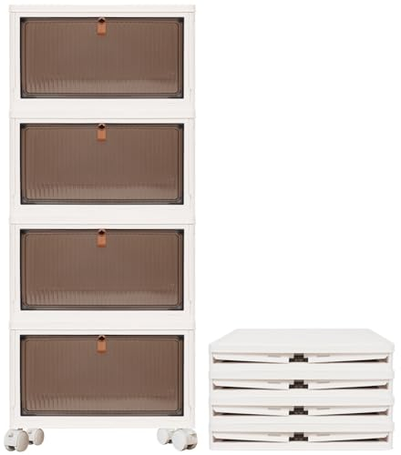 UHAPEER 4 Tier Folding Storage Box,Plastic Collapsible Storage Box with Wheels,Stackable Storage Boxes with Lids and Front Opening Door,Storage Container for Room Bedroom Kitchen Office 43.5*31.5*28cm