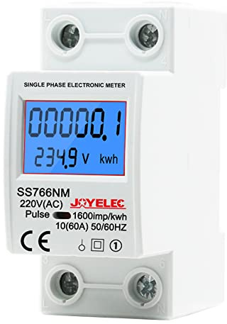 JOYELEC Einphasiger Stromzähler, Stromzähler mit LCD-Display auf DIN-Schiene, 10 (60) A, 230 V, Anzeige von Stromverbrauch, Leistung, Spannung und Strom