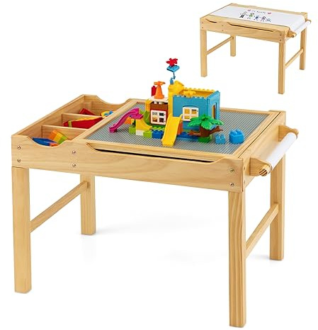 DREAMADE Kindertisch, multifunktionaler Aktivitätstisch aus Kiefernholz für Kinder, Spieltisch mit Stauraum, Papierrolle & umkehrbarer Tischplatte, Bausteintisch zum Basteln, Lesen, Spielen (Natur)