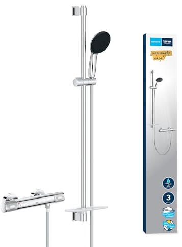 GROHE Precision Feel, Duschset mit Thermostat wassersparend, 8l pro Min (Duscharmatur hält Termperatur konstant, Duschkopf 3 Strahlarten, 1,75m Schlauch, Duschstange 90cm, 3in1 Tool), chrom, 34853001