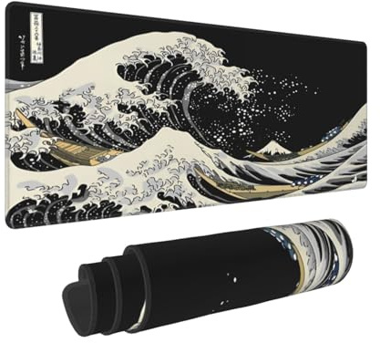 Tapis de souris Sigouyinei Motif vague de mer La Grande Vague de Kanagawa Tapis de souris Grand bord cousu XL Semelle en caoutchouc pour la maison et le bureau