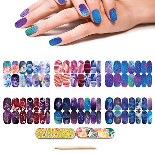 NAILDOKI Nail Stickers 6 Sheets x 14 Pieces Full Wraps Nail Polish Strips, Self-Adhesive Gel Nail Art Decals for Women Girls