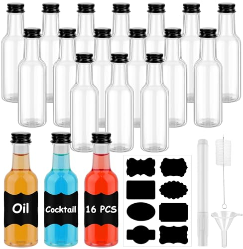 winbest Lot de 16 mini bouteilles en plastique réutilisables de 50 ml pour liqueur, mini bouteilles de vin pour fêtes, spiritueux vides avec bouchons à vis et autocollants pour mini réfrigérateur