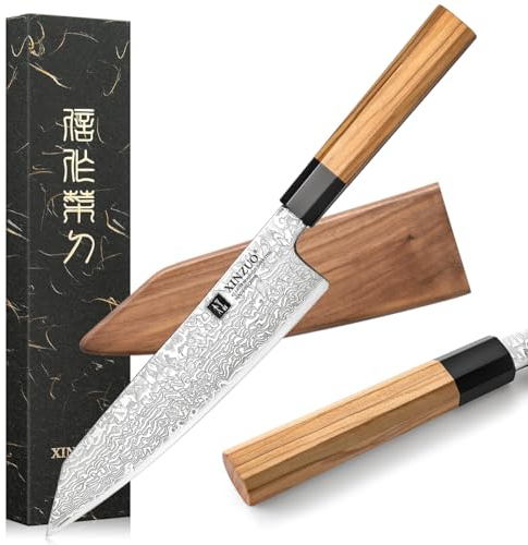 XINZUO Damaststahl Kiritsuke Kochmesser, japanischen Stil 21,5cm Küchenmesser Gyuto Messer, Handgefertigtes geschmiedetes Scharfes Chefmesser-Olivenholz und schwarzer Büffelhorngriff -mit Scheide