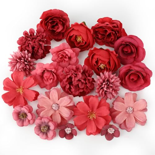 MWOOT 20 Pcs Artificial Flower Heads, Small Faux Flowers for Crafts, Fake Rose Peony Cherry Flowers Heads for DIY Wreath Cake Wedding Bouquet Party Home Garden Decoration (Red)