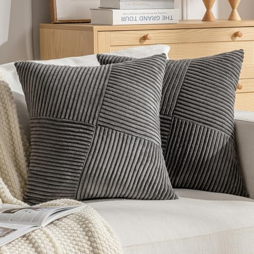 DecorMommt Kissenbezüge 50x50cm Grau Dekokissen Bezug Cord Weich Kissenbezug Streifen Kissenhülle Waschbare Kissen Bezug 2er Set Kissenhüllen für Wohnzimmer Schlafzimmer Balkon Heimdekoration