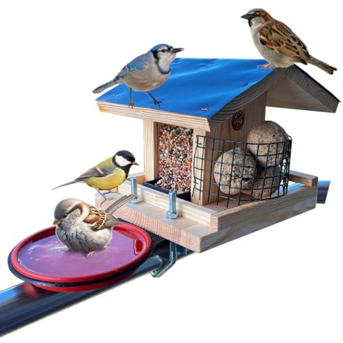 STAFECO Vogelfutterhaus Vogelhaus für Balkon wetterfest Futterhaus Handarbeit Gartenvögel im Garten Balkonhalterung mit Einer Größe von 30 bis 60 mm. (Natural Vogeltränke 2)