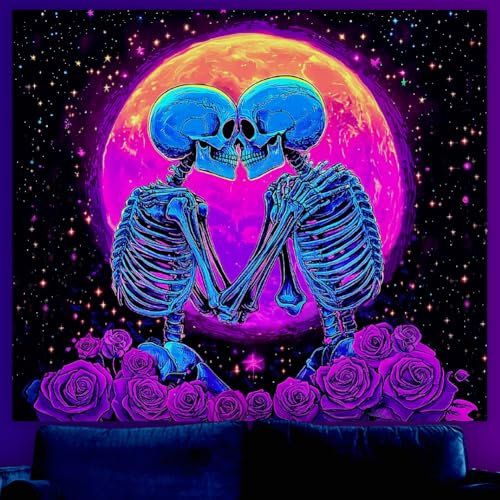 WEBEEDY Glow In The Dark Schädel Tapisserie UV Reaktive Skelettliebhaber Mondrosentapisserie Halloween Trippy Ästhetische Hintergrund Tapestry Wandbehang Dekor Für Schlafzimmer Wohnzimmer 130x150cm