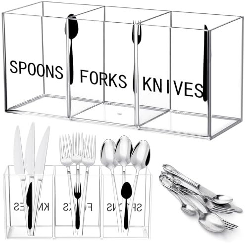 Suzile Acrylic Cutlery Storage Organizer Plastic Utensil Holder Clear Silverware Organizer 3 Section Tableware Storage Box Countertop Fork Spoon Knife Holder Party Flatware Caddy for Kitchen Storage
