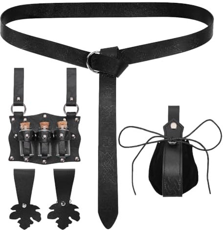 NBEADS Mittelalterliche Alchemy-Gürteltasche Set, Blatt Gürteltasche Mittelalterliche Wikinger Trank Flaschen Ledergürtel Rock Wanderungen Renaissance Gürtel Zubehör für Halloween, Schwarzes