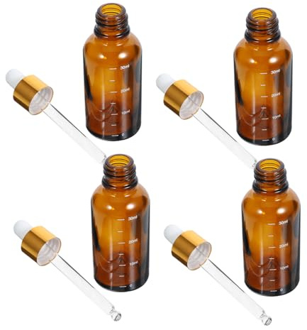 GLEAVI 4pcs 30ml Amber Glass Essential Oil Dropper Bottles Measurement, Refillable Small Oil Bottles for Travel and Aromatherapy