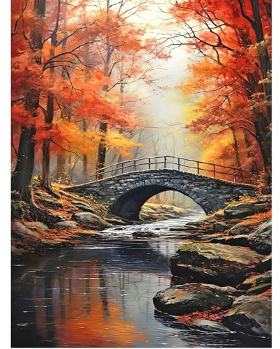 SHEGZHUC 40x50cm Eckige Steine Diamond Painting Landschaft Herbst Diamond Painting Eckige Steine Brücke Ahorn Ahornblatt Mosaik Diamant Malerei Kunst Stickerei Kreuzstich Bilder Geschenk Wand Dekor