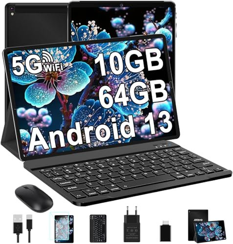 GOODTEL 2025 Tablette Android 13 10 Pouces Quad-Core 10Go RAM + 64Go ROM (1To TF) | 5G + 2.4G WiFi | GPS| Bluetooth 5.0 | 8MP + 5MP | Type C, OTG,Tablette Tactile avec étui, Clavier et Souris - Noir