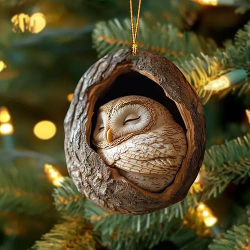 Acrylic Animal Christmas Ornaments - Racoon and Owl Tree Decorations, 2D Forest Pattern, Christmas Decoration (U)