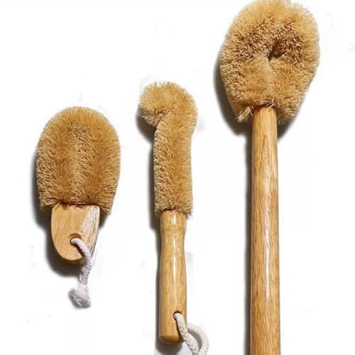 Eco Coconut Fiber Brush Kitchen Cleaning Brush With Natural Coir Head Bottle Cleaner Flexible And Bendable For Non-stick Skillet Pot Dish Washing(3 in 1)