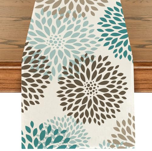 Grau Grün Dahlien Sommer Tischläufer, Waschbar Blumen Tischband, Frühling Sommer Herbst Küche Dekoration Drinnen Urlaub Party Tischdeko für Hochzeit, Geburtstag, Gartenparty, 40 x 180 cm