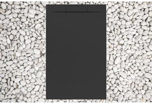 Plato de ducha 80 x 180 cm Negro Line Plus de resina y polvo de mármol con rejilla lateral de mármol