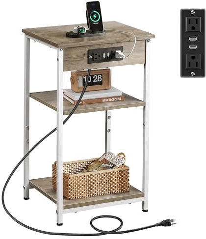 WLIVE Side Table, 3-Tier Side Table with Charging Station, Slim End Table with Adjustable Middle Shelf, Brown Bide Table for Small Spaces, Small Bed Table for Living Room and Bedroom, Oak