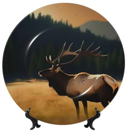 LHDGBNV Elk In The Meadow Bone China Decorative Plate 10in Ceramic Decorative Plates With Display Stand Porcelain Round Dinner Plate Elegant Art Crafts For Home Kitchen Bedroom Decor