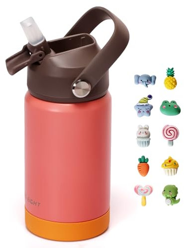 pluseight Kids Insulated Water Bottle with Straw Lid, 350ml BPA-Free Double Wall Vacuum Tumbler 18/8 Stainless Steel Leak Proof Kids Cups with Straw for School Travel Boys Girls (Orange)