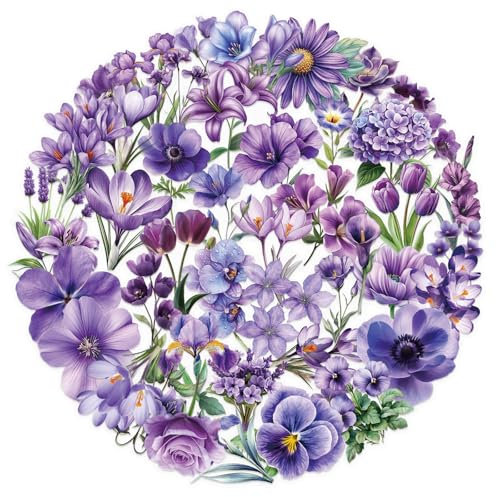 Risipu 50 Pcs Floral Stickers - Waterproof Clear PET Botanical Decals Kindle Stickers for Scrapbooking, Water Bottle, Guitar, Laptop Decoration (Purple Flowers)