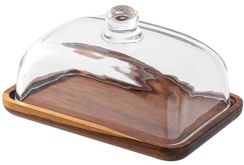 Glass Butter Dish with Lid 7.1x4.7x3.7 Inch Wooden Clear Cover Cheese Keeper for Countertop Fridge