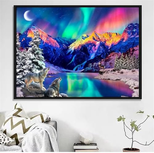 Kit de peinture diamant 5D à faire soi-même par numéro, motif loup, aurore boréale, paysage de loup, kit de peinture diamant pour adultes, broderie au point de croix autocollant mural (60 x 90 cm)