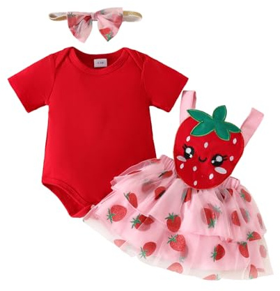 UUAISSO Vêtements pour Bébé Fille Hauts à Volants Jupes à Bretelles Tournesol avec Bandeau Tenues D'été Rouge fraise 12-18 mois