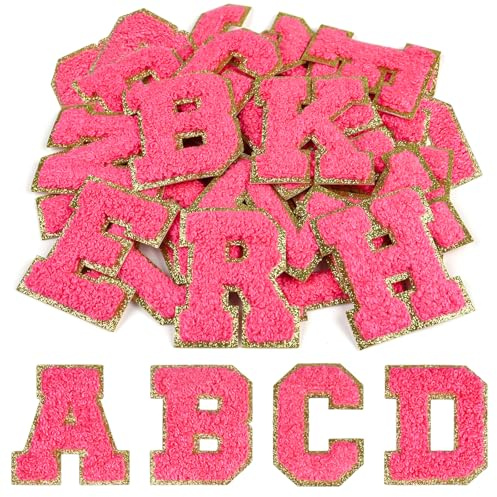 CHRORINE 26/52/104 Stück Selbstklebende Chenille Buchstabenflicken A-Z, Kann auch Nähen oder Bügeln, Bestickte Alphabet Patch Aufkleber für DIY Kleidung, Taschen, Hüte (26, Rosenrot, Höhe 2,16″)