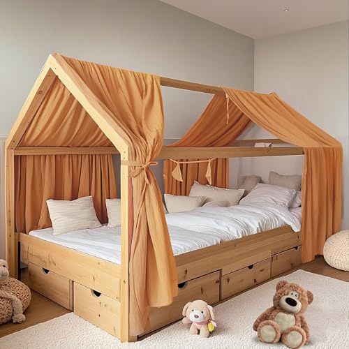 FloraVigo Hausbetthimmel 2 Stück, handgefertigt aus 100% Baumwoll-Musselin, Stoffhimmel zur Hausbettdekoration, für Mädchen und Jungen (2er Set 132 x 320cm Senfgelb)