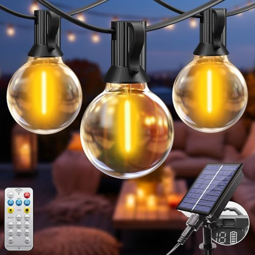 btfarm Solar Festoon Lights Outdoor with Remote, Garden String Light USB & Solar Powered 10+1 LED G40 Shatterproof Bulb, 8M/26FT Waterproof Dimmable Hanging Lighting for Outside Gazebo Fence Wedding