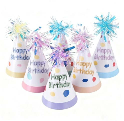 FOSDICK 6 Pezzi Cappellini Festa Compleanno, Cappello di Carta a Cono, Cappelli per Feste di Compleanno per Bambini, Decorazione Compleanni Bambini Adulti Famiglia Regalo Party Colorati