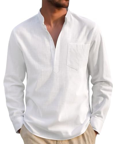 J.VER Linen Shirts Men Long Sleeve Regular Fit Casual Summer Beach Cotton Henley Shirt with Pocket
