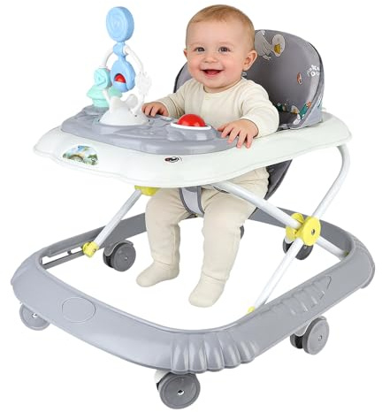 4-in-1-Baby-Lauflernhilfe, faltbare Baby-Lauflernhilfe mit interaktivem Spieltisch mit Geräuschen,Kippschutz,Gehhilfe mit Silikonrädern und 4 Höheneinstellungen,6 bis 18 Monaten (Grau-67 * 72 * 92cm)