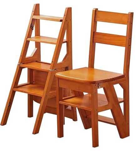 Taburete plegable de 4 escalones y escalera, diseño de madera maciza de doble propósito para el hogar, la oficina y la biblioteca